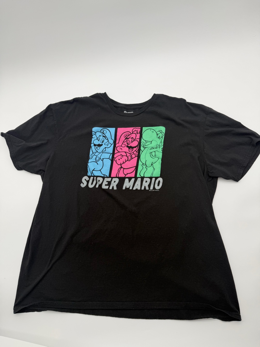Nintendo Super Mario Black Tee with Blue Pink Green Panels